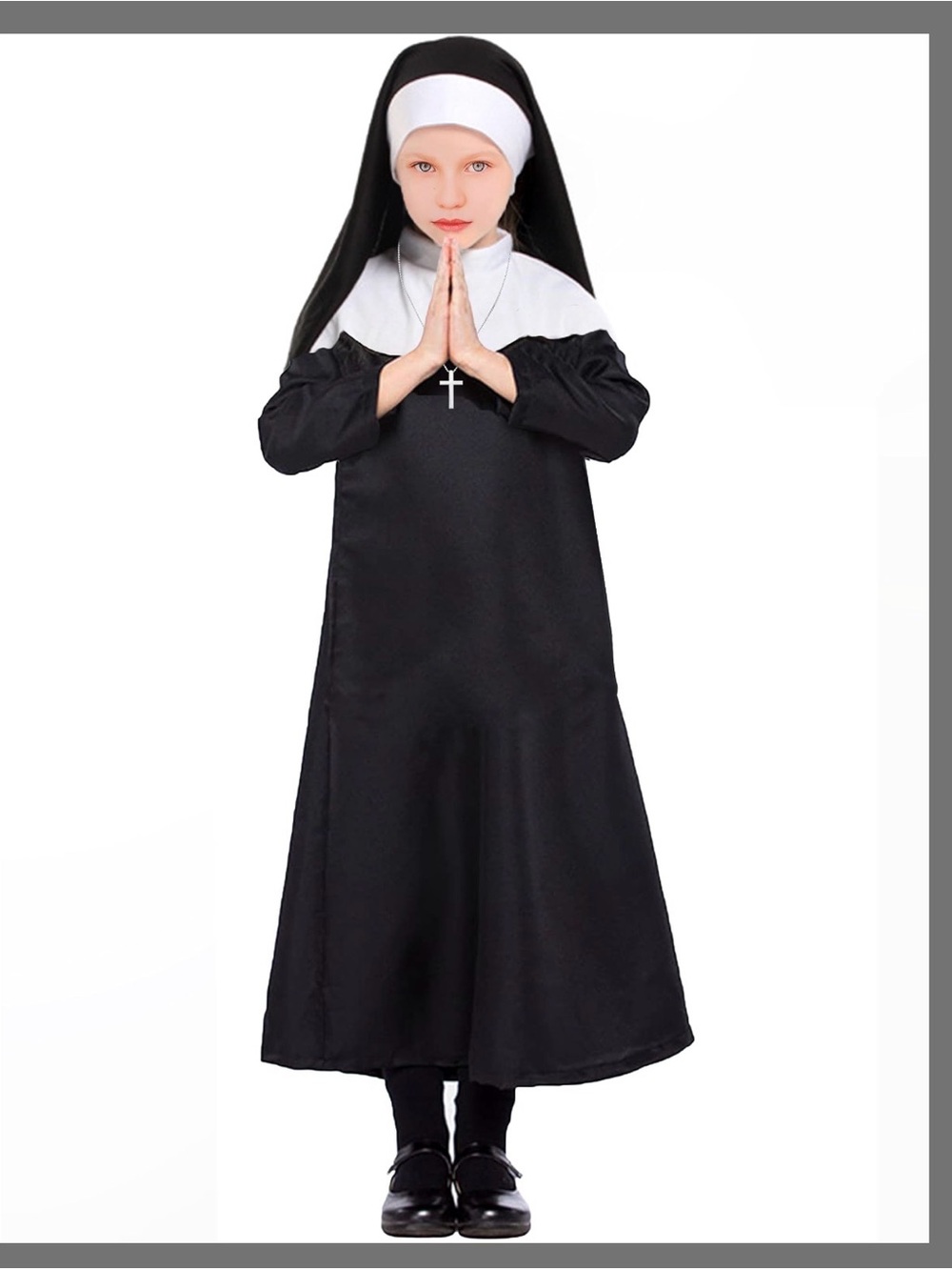 Kids Black and White Nun Costume with Headpiece and cross size 140- age 9-10